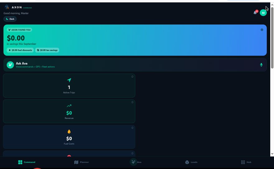 Axon Command TMS dashboard showing loads, revenue and fuel