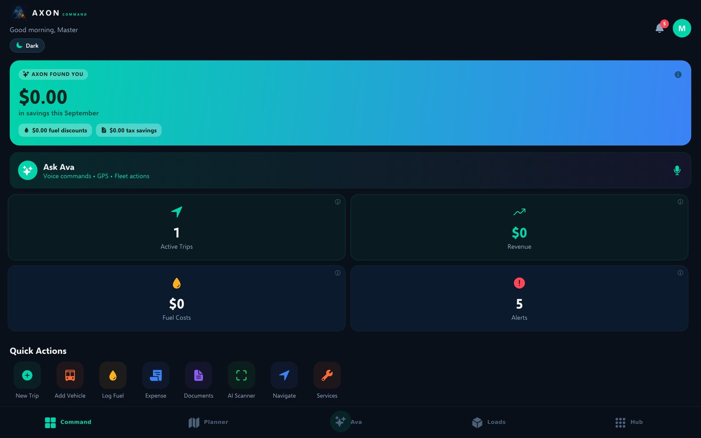 Axon Command web dashboard TMS showing trips, revenue, fuel and quick actions